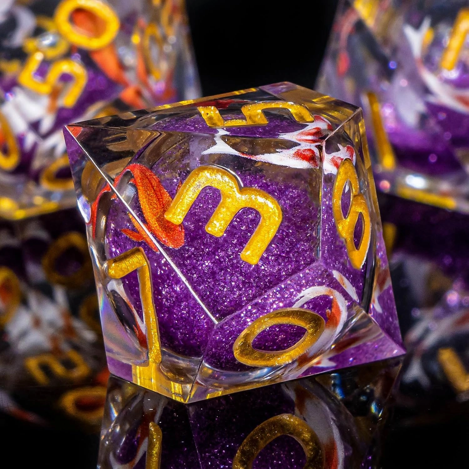 OUKELANWO Liquid Core Koi Fish DND Dice Set D&D,Purple Sharp Edge Dice with Gift Box, 7Pcs Resin Role Playing Dice D20 D12 D10 D8 D6 D4