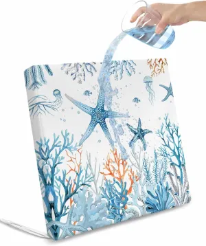 Outdoor Waterproof Cushion Covers Nautical Blue Starfish Replacement Stretch Seat Slipcover for Patio, Vintage Watercolor Marine Life Chair Couch Sofa Covers Furniture Protector Set of 2,22x20IN