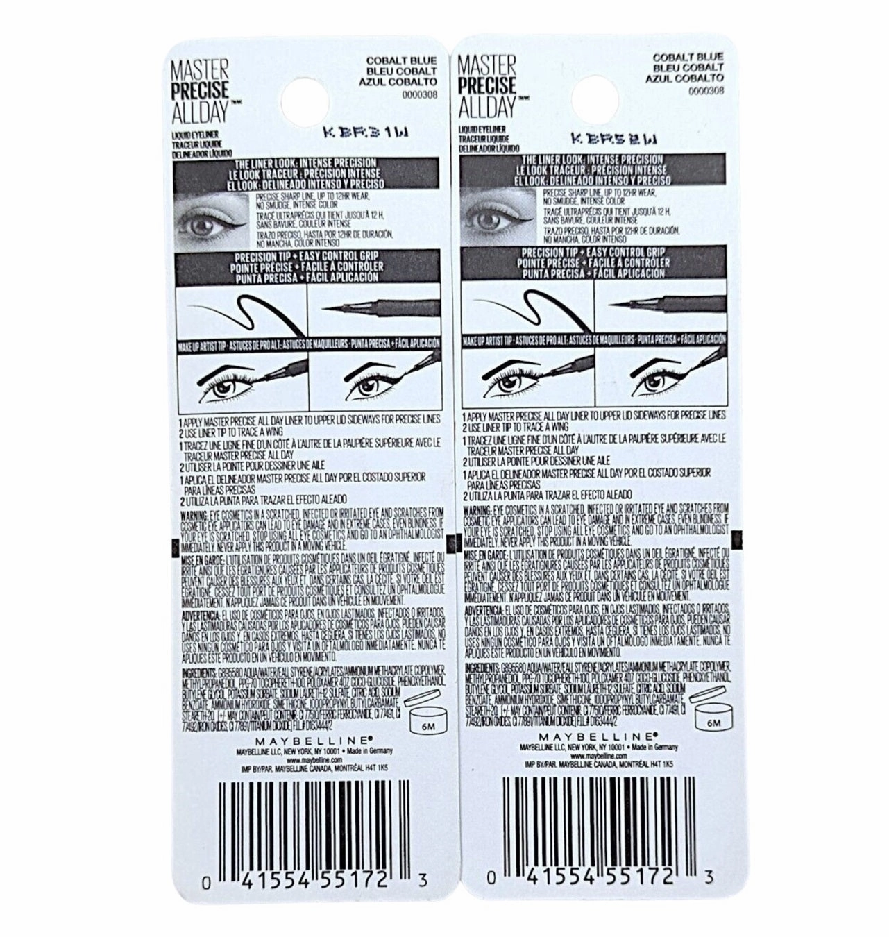 Pack of 2 Maybelline Precise All Day Liquid Eyeliner, Cobalt Blue 112