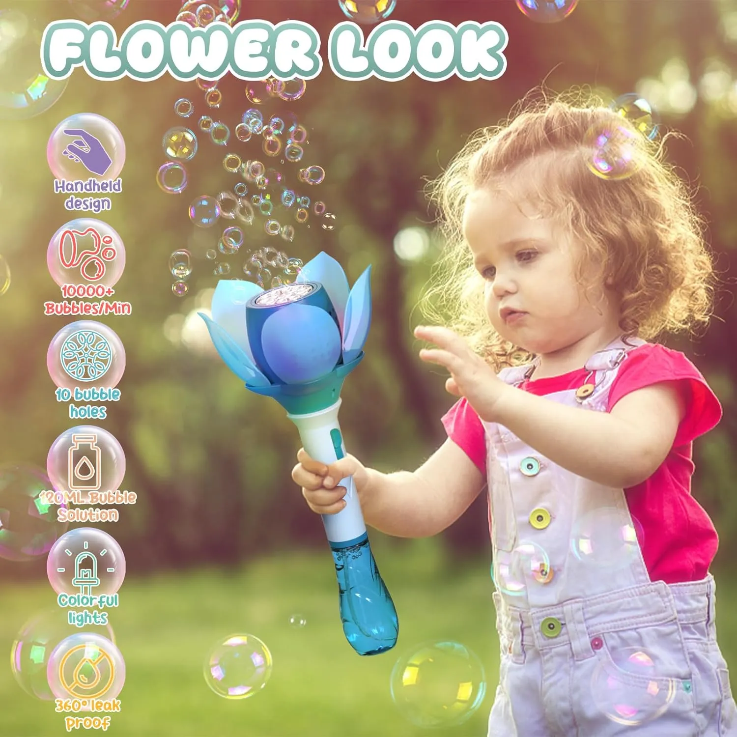 PANACARE Bubble Wand Blower for Kids Handheld Lotus Bubble Wand Automatic Bubble Machine with Battery/Light/10000 Bubbles/Bubble Solution Bubble Toy Gift for Girl Boys Party Weddings Outdoor Indoor