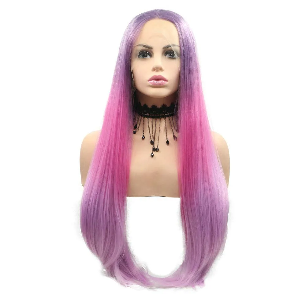 Pastel Purple/Red Violet Lilac/Ombre Pink Synthetic Lace Front Wigs for Women Long Straight Lace Front Wigs Ombre Purple Mermaid Wigs for Wedding Heat Resistant Fiber
