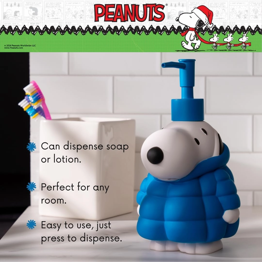 Peanuts Snoopy Puffer Coat Holiday Christmas Soap/Lotion/Hand Sanitizer Resin Pump Dispenser, 17.24 Ounces, (Officially Licensed Product) by Franco Collectibles