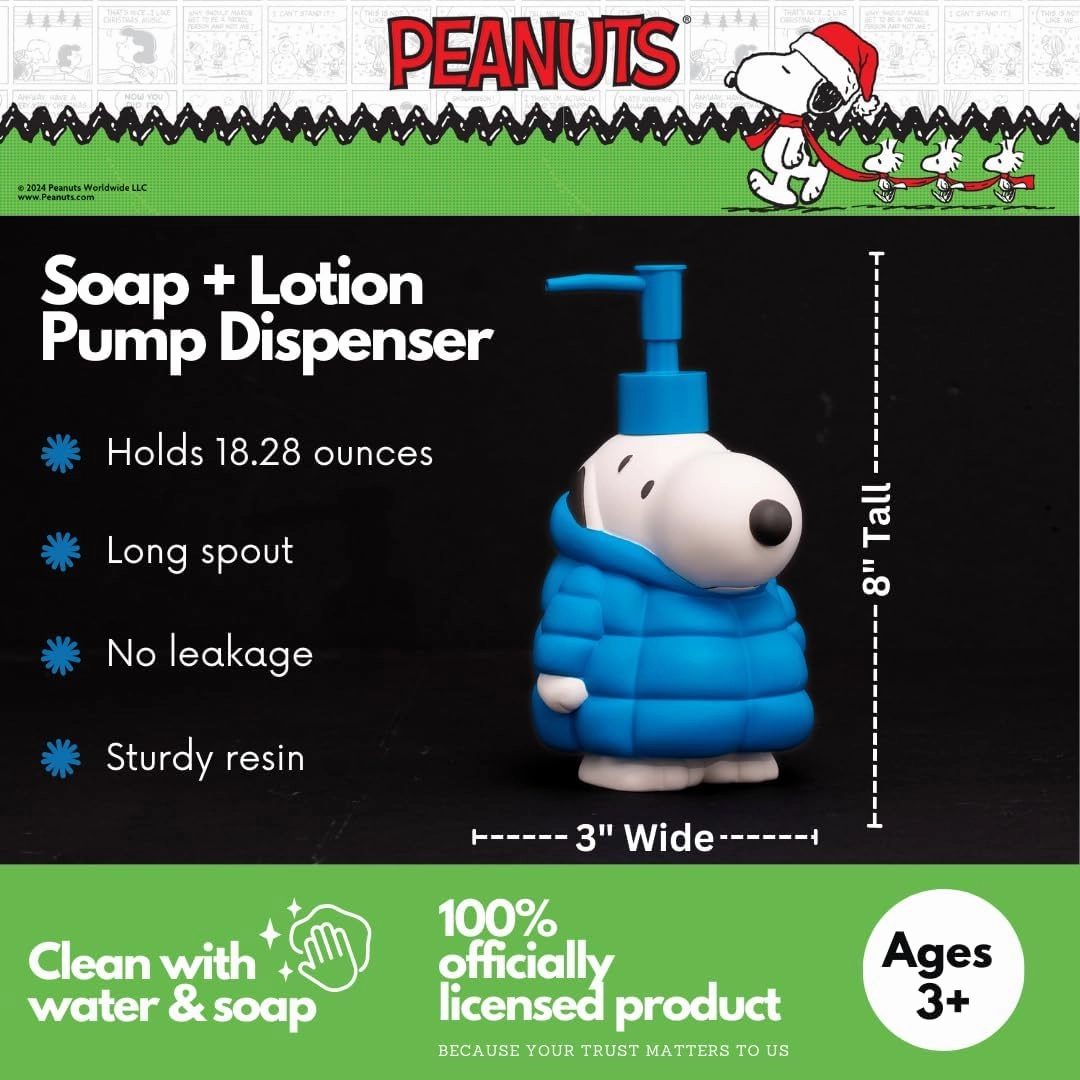 Peanuts Snoopy Puffer Coat Holiday Christmas Soap/Lotion/Hand Sanitizer Resin Pump Dispenser, 17.24 Ounces, (Officially Licensed Product) by Franco Collectibles