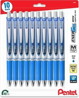 Pentel Energel 0.7 mm Liquid Gel Ink Pens, Medium Point, Metal Tip, Pack of 10 Deluxe RTX Retractable Blue Pens