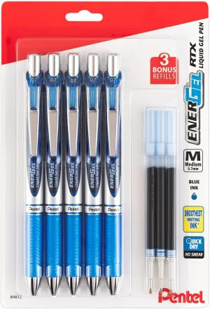 Pentel Energel 0.7 mm Liquid Gel Ink Pens - Metal Tip - Pack of 5 Blue Deluxe RTX Pens with 3 Refills
