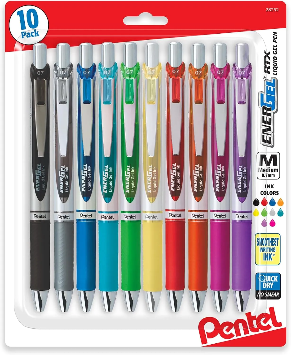 Pentel Energel 0.7 mm RTX Retractable Liquid Gel Pen - 10 Pack of New Assorted ink Colors, Metal Tip, Medium Line, Quick Dry No Smear