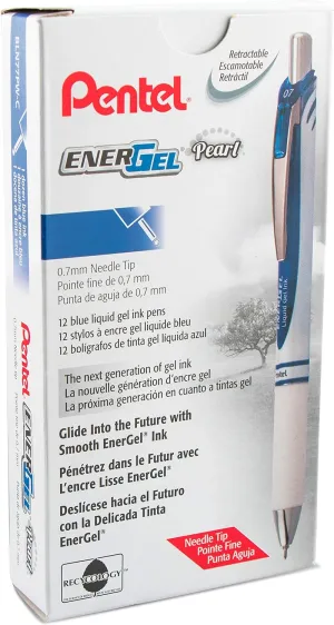 Pentel EnerGel RTX Pearl Retractable Liquid Gel Pen, (0.7mm) Medium Line, Needle Tip, Blue Ink, 12 pack (BLN77PW-C)