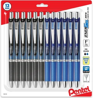 Pentel Second Energel 0.5 mm Rtx Retractable, 12 Pack of 6 Black & 6 Blue Ink Pens Needle Tip, Fine Point Pens 0.5 mm