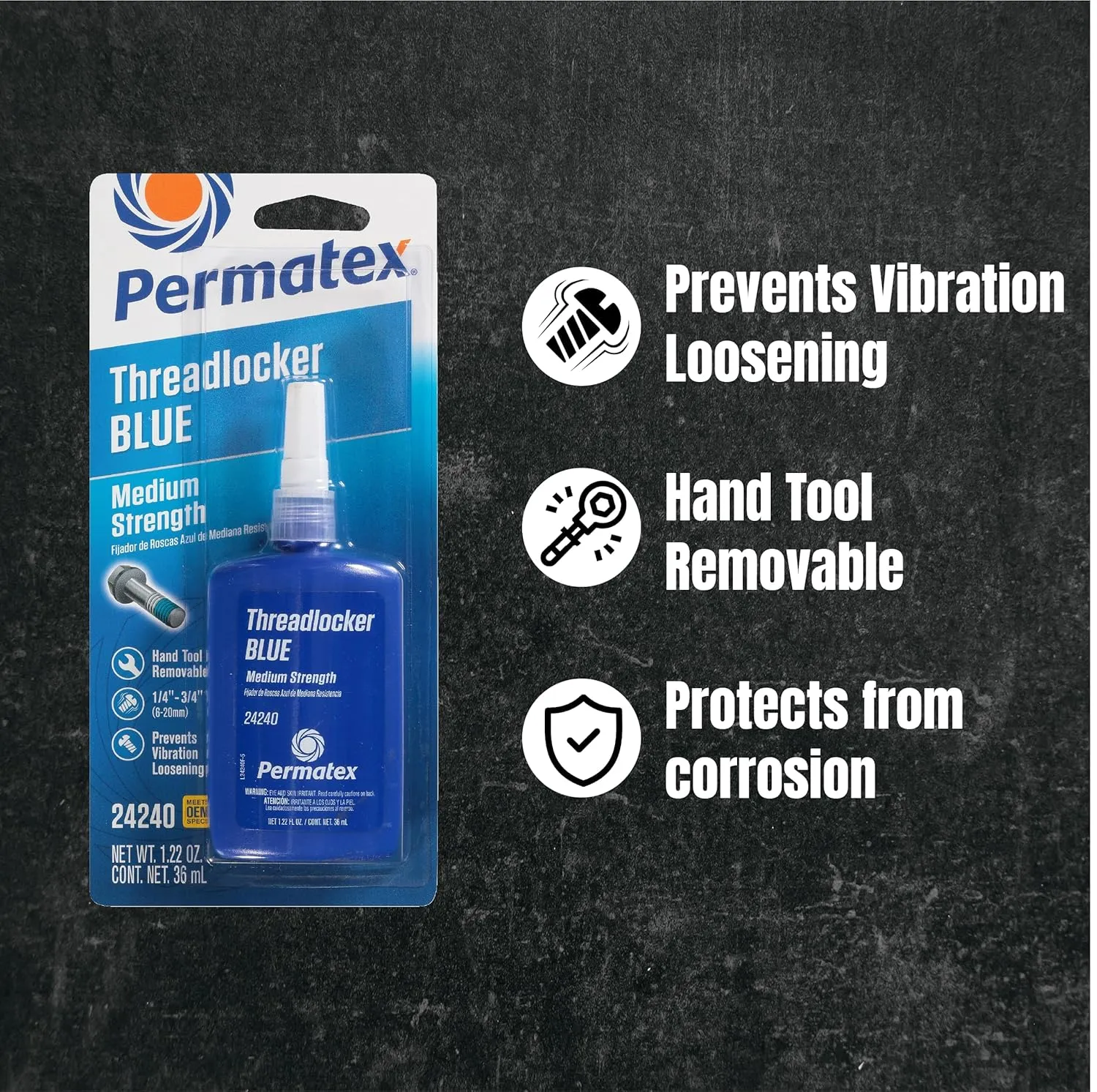 Permatex 24240 Threadlocker Blue Medium Strength,Thread Lock & Screw Glue for Bolts Nuts & Fasteners to Prevent Loosening & Corrosion, Removable with Hand Tools 36 ml