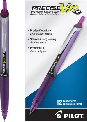 Pilot, Precise V10 RT Refillable & Retractable Rolling Ball Pens, Bold Point 1 mm, Purple, Pack of 12