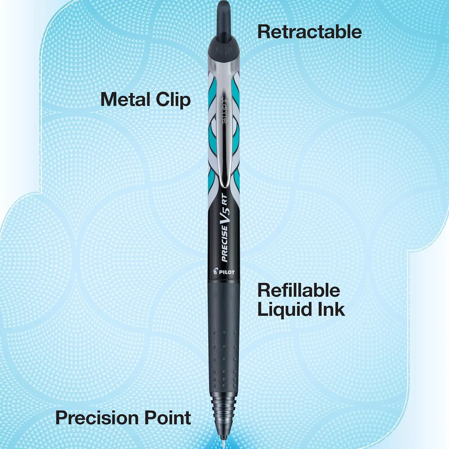 Pilot, Precise V5 RT Deco Collection Refillable & Retractable Liquid Ink Rolling Ball Pens, Extra Fine Point 0.5 mm, Black/Blue/Red/Green/Purple, Pack of 5