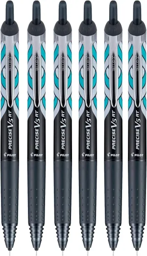 PILOT Precise V5 RT Deco Collection Refillable & Retractable Liquid Ink Rolling Ball Pens, Extra Fine Point (0.5mm) Black Ink, 6 Pack