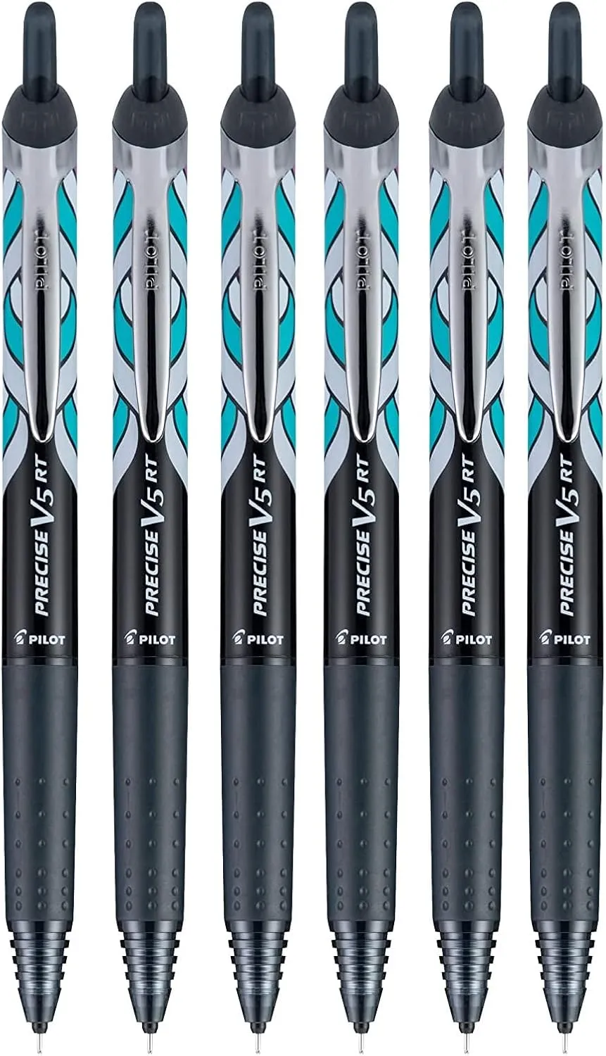 PILOT Precise V5 RT Deco Collection Refillable & Retractable Liquid Ink Rolling Ball Pens, Extra Fine Point (0.5mm) Black Ink, 6 Pack