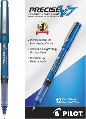 Pilot, Precise V7, Capped Liquid Ink Rolling Ball Pens, Fine Point 0.7 mm, Blue, Pack of 12
