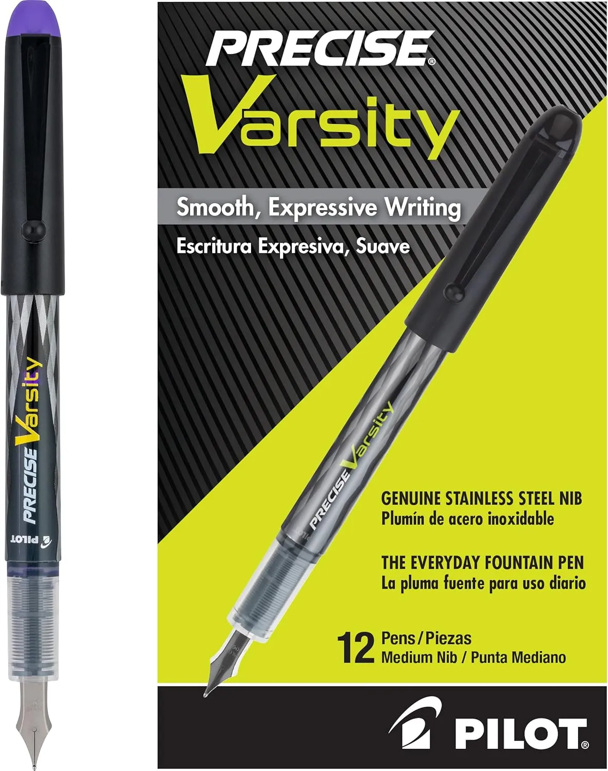 Pilot, Precise Varsity Pre-Filled Fountain Pens, Medium Point 1 MM Stainless Steel Nib, Purple, 12-Pack