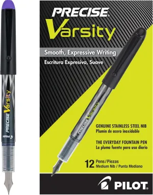 Pilot, Precise Varsity Pre-Filled Fountain Pens, Medium Point 1 MM Stainless Steel Nib, Purple, 12-Pack