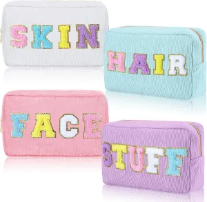 Pinkunn 4 Pcs Preppy Makeup Bags Chenille Letter Travel Organizer Face Skin Hair Stuff Corduroy Cosmetic Hygiene Toiletry Pouch with Zipper Wedding Birthday Gifts for Women(Purple, Pink, White, Blue)