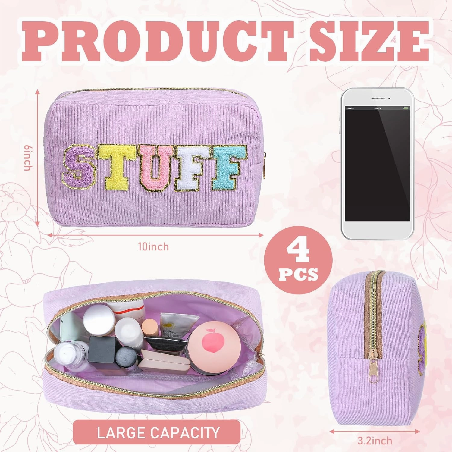 Pinkunn 4 Pcs Preppy Makeup Bags Chenille Letter Travel Organizer Face Skin Hair Stuff Corduroy Cosmetic Hygiene Toiletry Pouch with Zipper Wedding Birthday Gifts for Women(Purple, Pink, White, Blue)