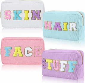 Pinkunn 4 Pcs Preppy Makeup Bags Chenille Letter Travel Organizer Face Skin Hair Stuff Corduroy Cosmetic Hygiene Toiletry Pouch with Zipper Wedding Birthday Gifts for Women(Purple, Pink, White, Blue)