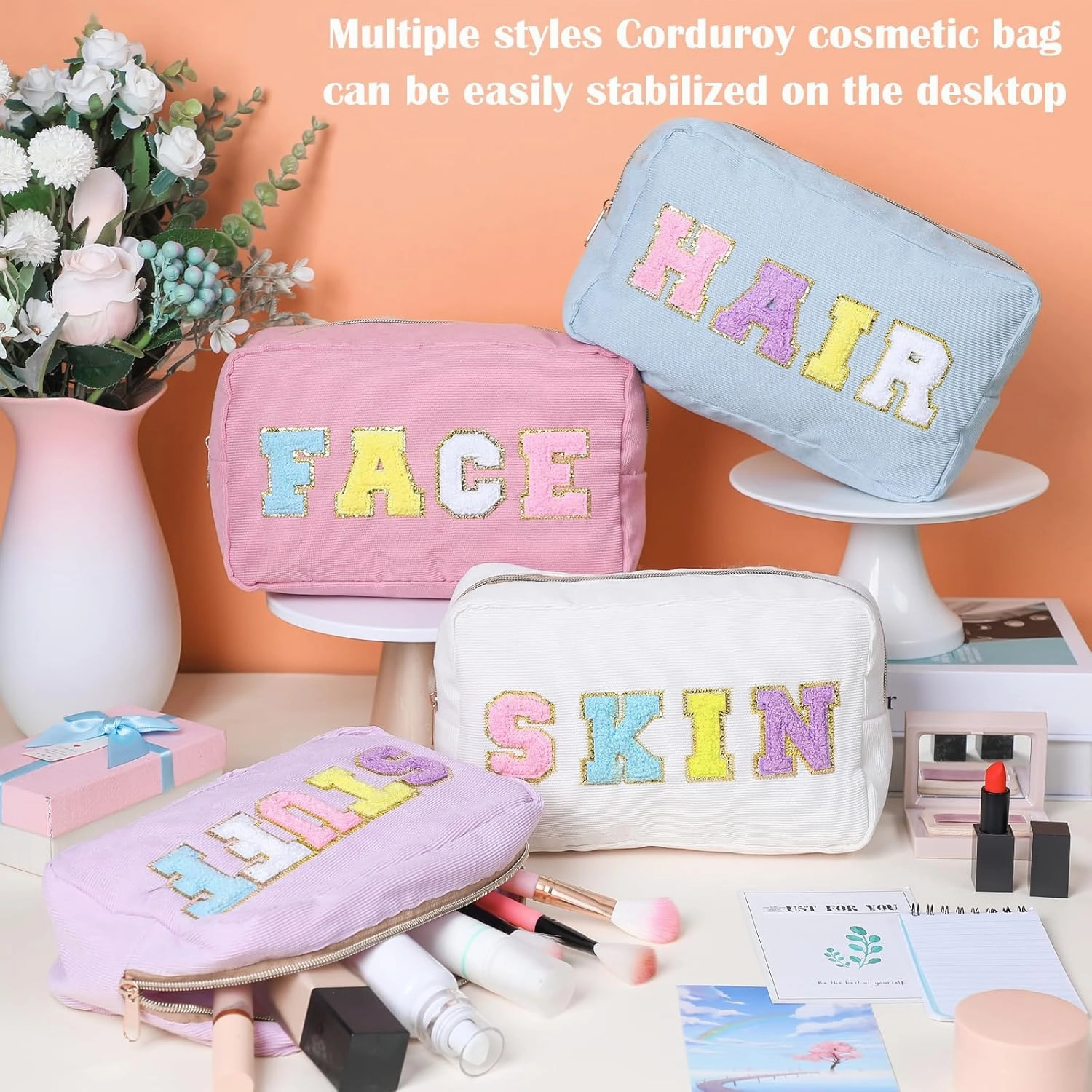 Pinkunn 4 Pcs Preppy Makeup Bags Chenille Letter Travel Organizer Face Skin Hair Stuff Corduroy Cosmetic Hygiene Toiletry Pouch with Zipper Wedding Birthday Gifts for Women(Purple, Pink, White, Blue)