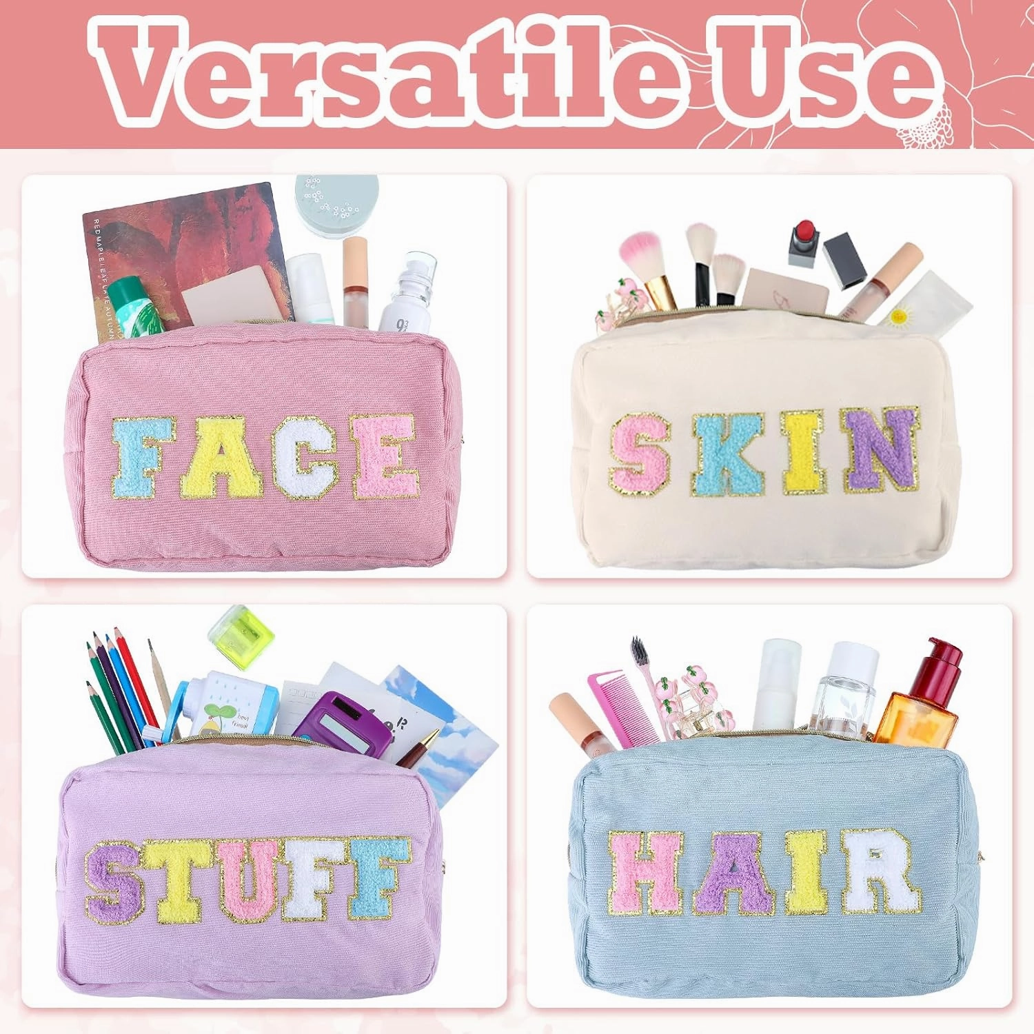 Pinkunn 4 Pcs Preppy Makeup Bags Chenille Letter Travel Organizer Face Skin Hair Stuff Corduroy Cosmetic Hygiene Toiletry Pouch with Zipper Wedding Birthday Gifts for Women(Purple, Pink, White, Blue)