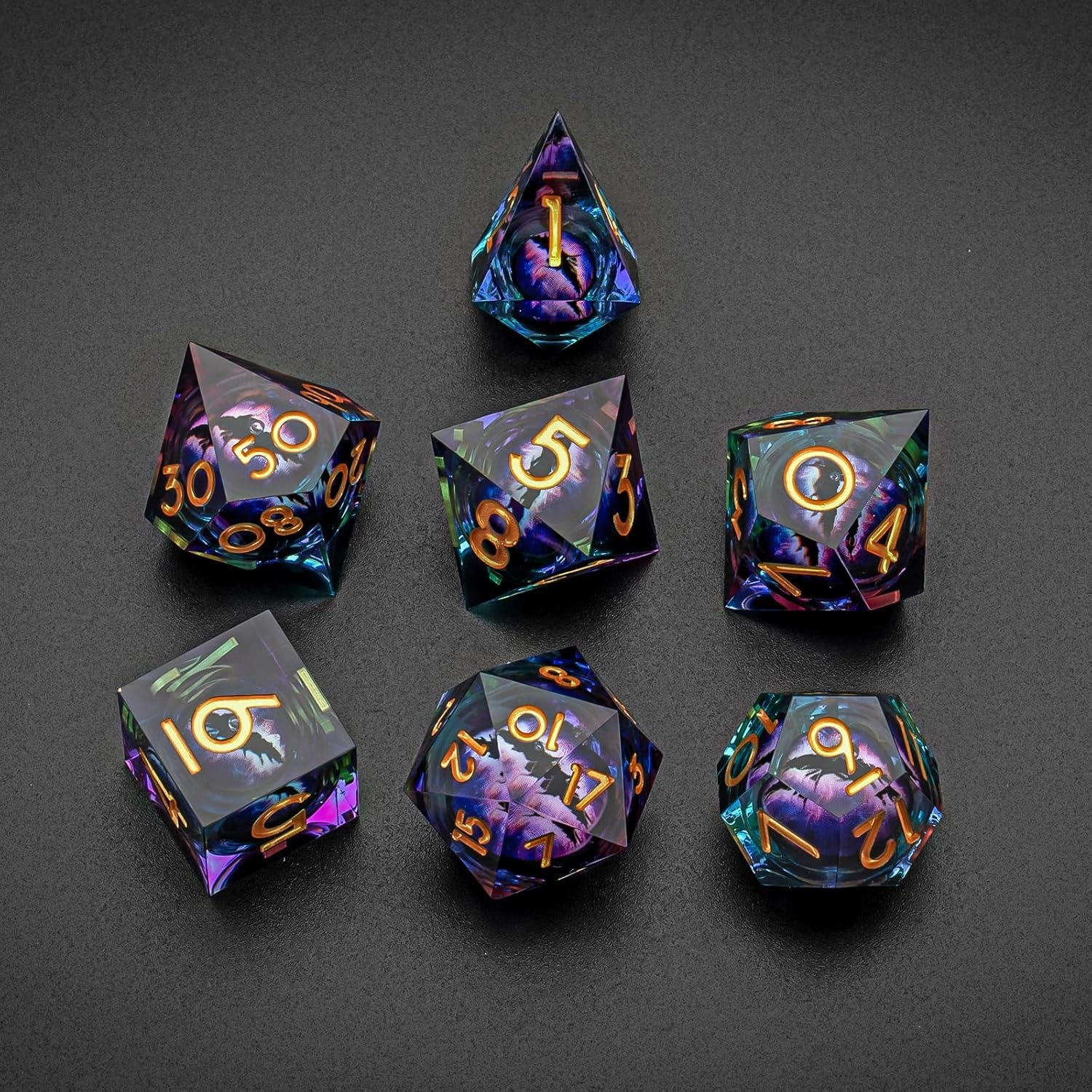 Polyhedral Dragon Eye Liquid Core Resin Dice Set Sharp Edge DND 7 Pieces for Role Playing Games with Gift Box for Dungeons and Dragons (Purple Gold)