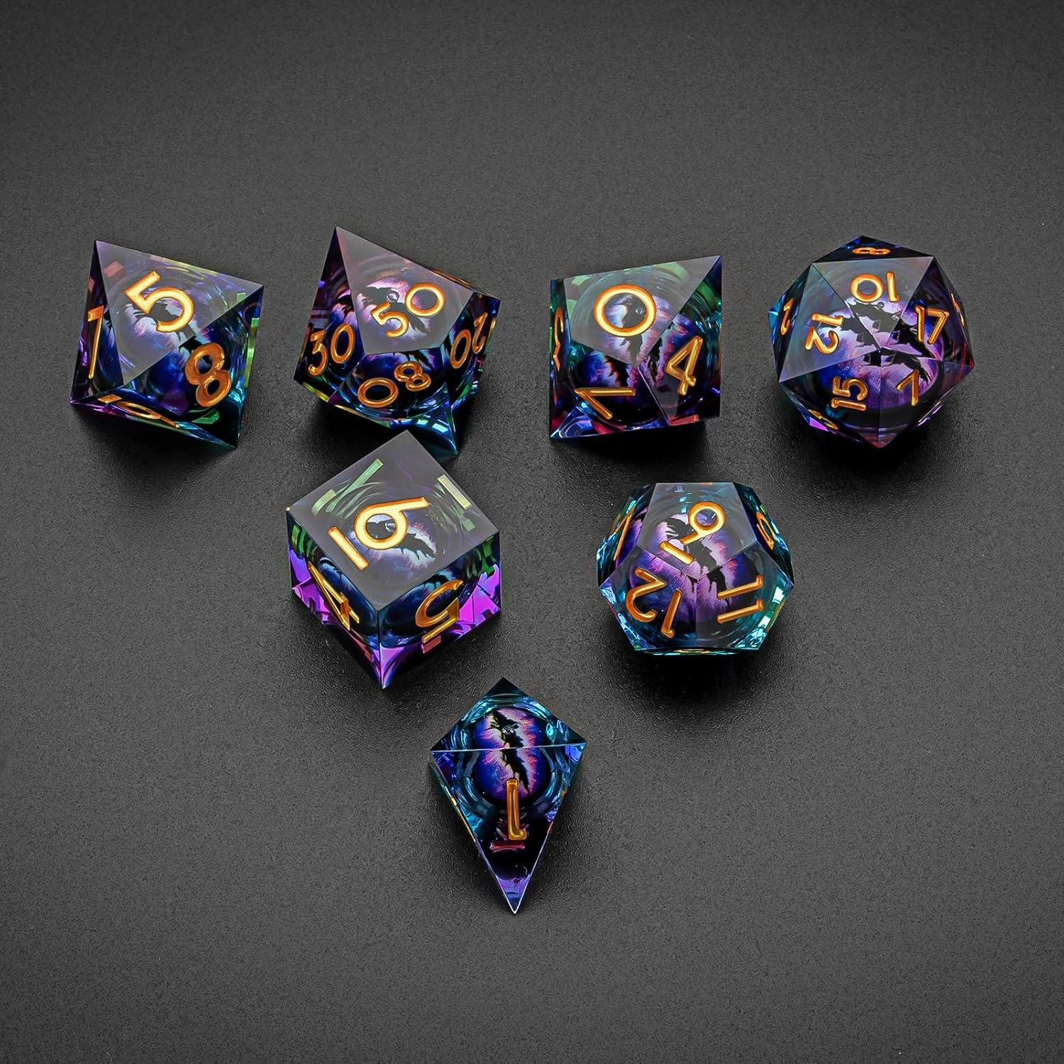 Polyhedral Dragon Eye Liquid Core Resin Dice Set Sharp Edge DND 7 Pieces for Role Playing Games with Gift Box for Dungeons and Dragons (Purple Gold)