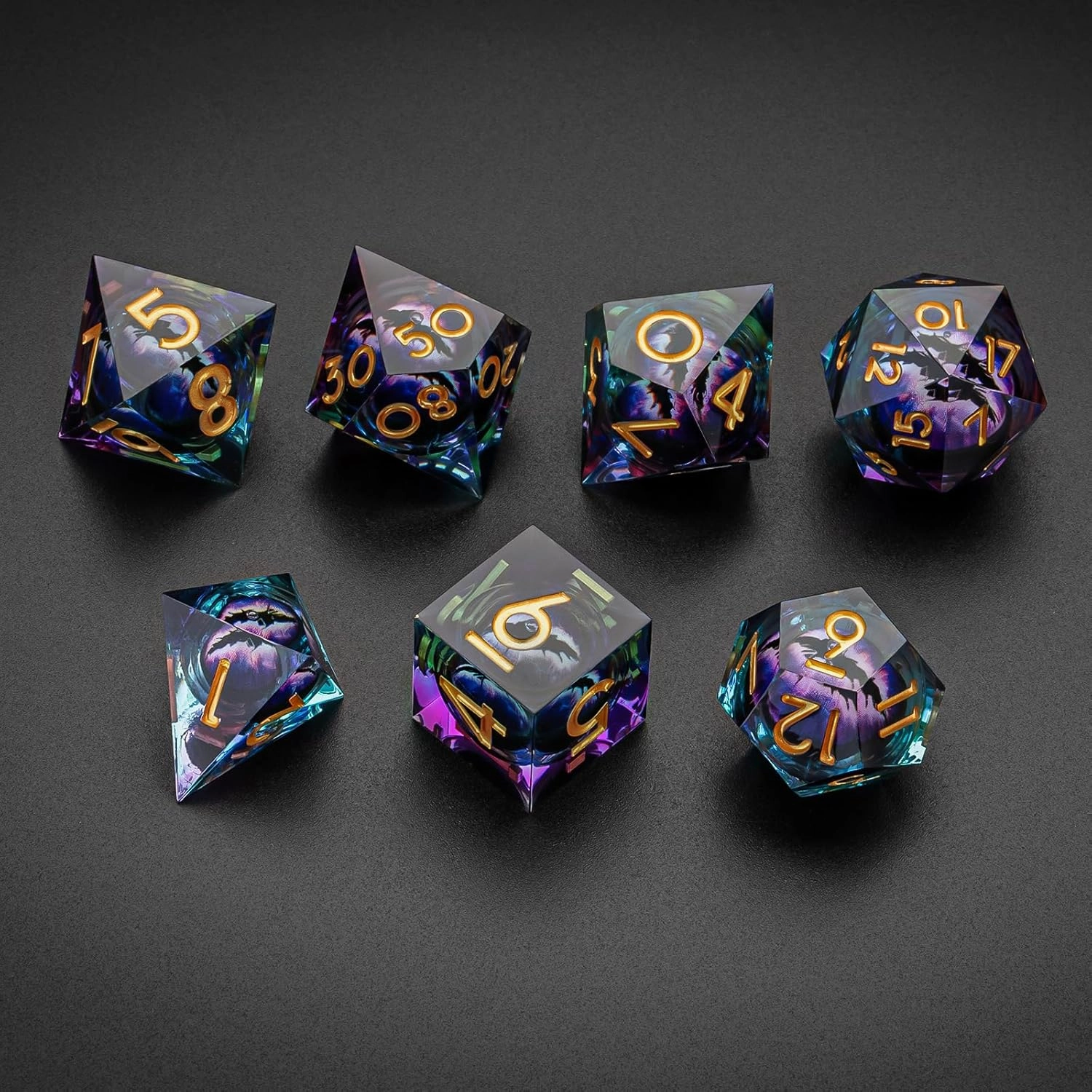 Polyhedral Dragon Eye Liquid Core Resin Dice Set Sharp Edge DND 7 Pieces for Role Playing Games with Gift Box for Dungeons and Dragons (Purple Gold)