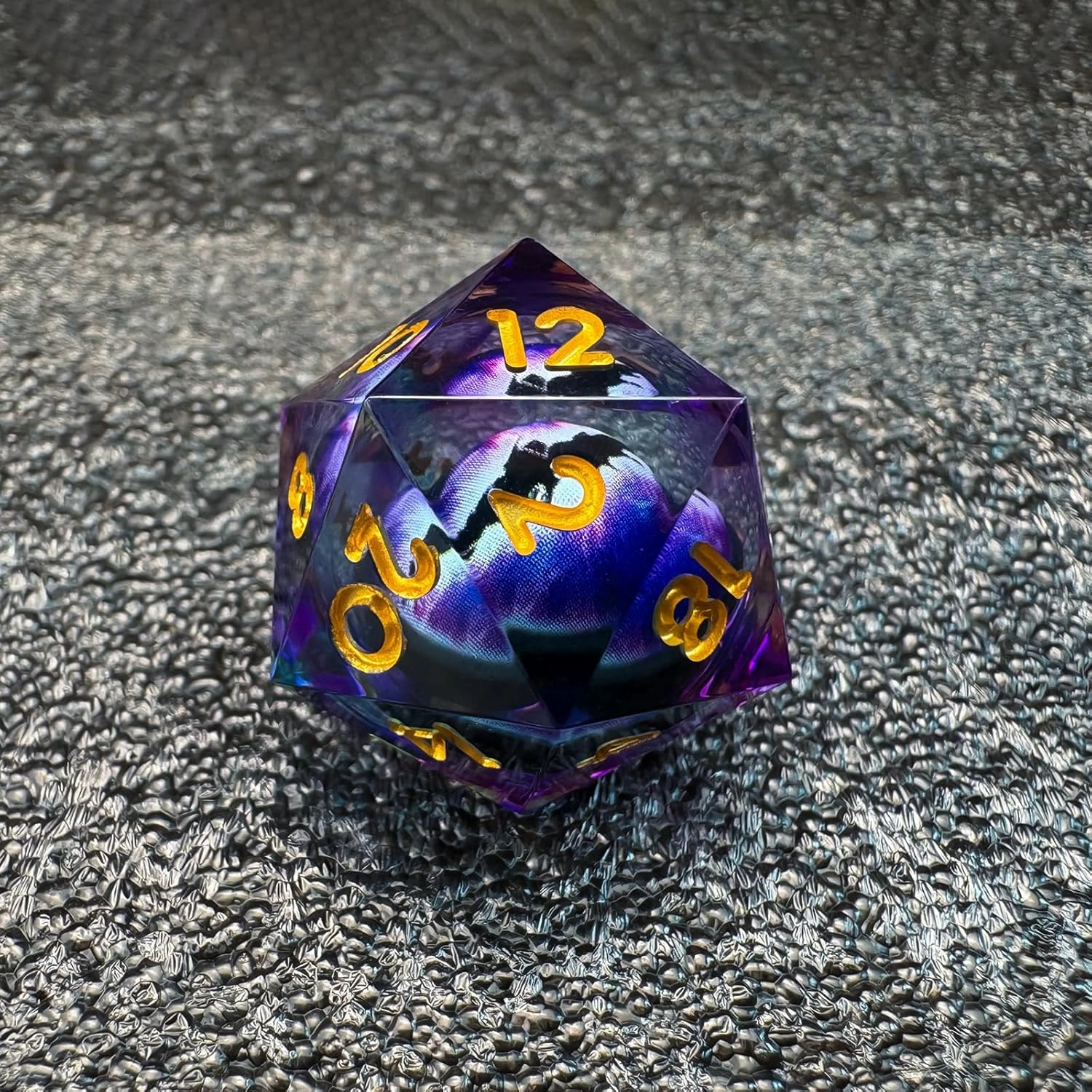 Polyhedral Dragon Eye Liquid Core Resin Dice Set Sharp Edge DND 7 Pieces for Role Playing Games with Gift Box for Dungeons and Dragons (Purple Gold)
