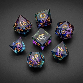 Polyhedral Dragon Eye Liquid Core Resin Dice Set Sharp Edge DND 7 Pieces for Role Playing Games with Gift Box for Dungeons and Dragons (Purple Gold)