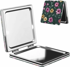 Portable Pocket Makeup Mirror Beautiful Purple Flowers Travel Cosmetic Mirror Square Print Magnifying Compact Mirror for Eyelash