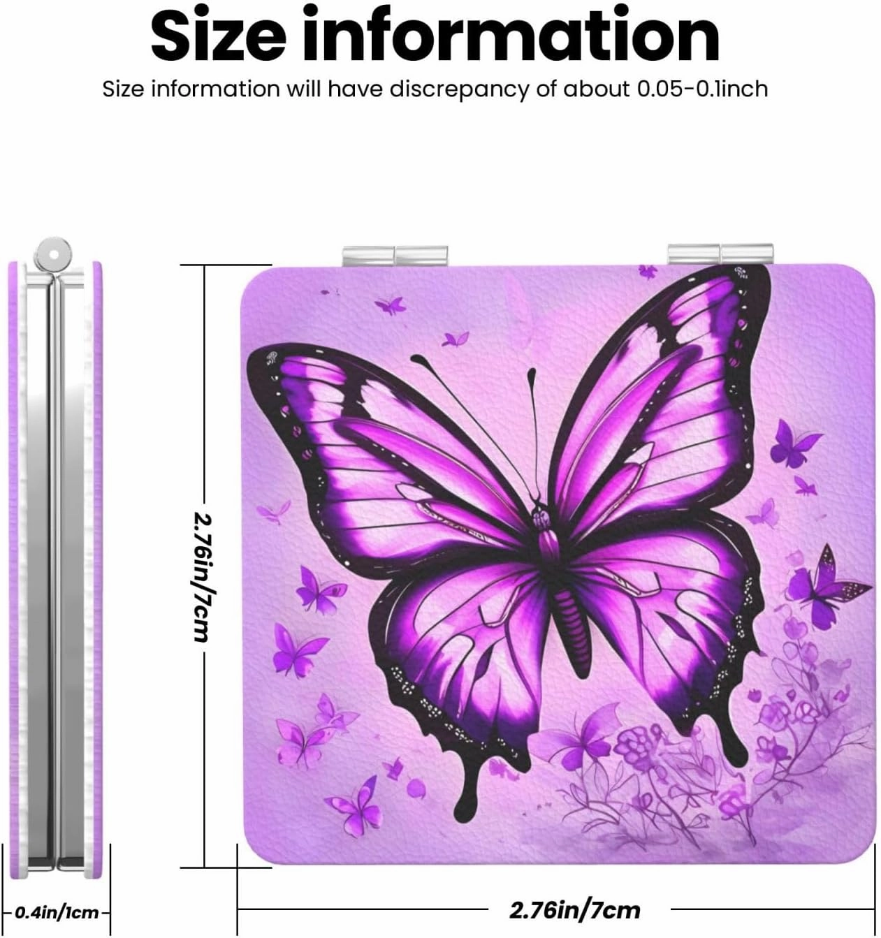 Portable Pocket Makeup Mirror Purple Butterfly Travel Cosmetic Mirror Square Print Magnifying Compact Mirror for Eyelash