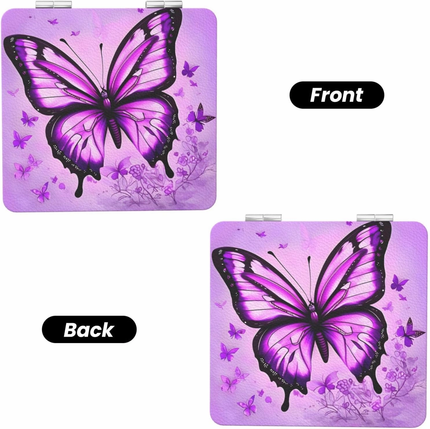 Portable Pocket Makeup Mirror Purple Butterfly Travel Cosmetic Mirror Square Print Magnifying Compact Mirror for Eyelash