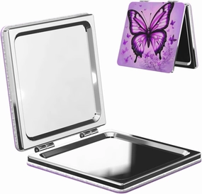 Portable Pocket Makeup Mirror Purple Butterfly Travel Cosmetic Mirror Square Print Magnifying Compact Mirror for Eyelash