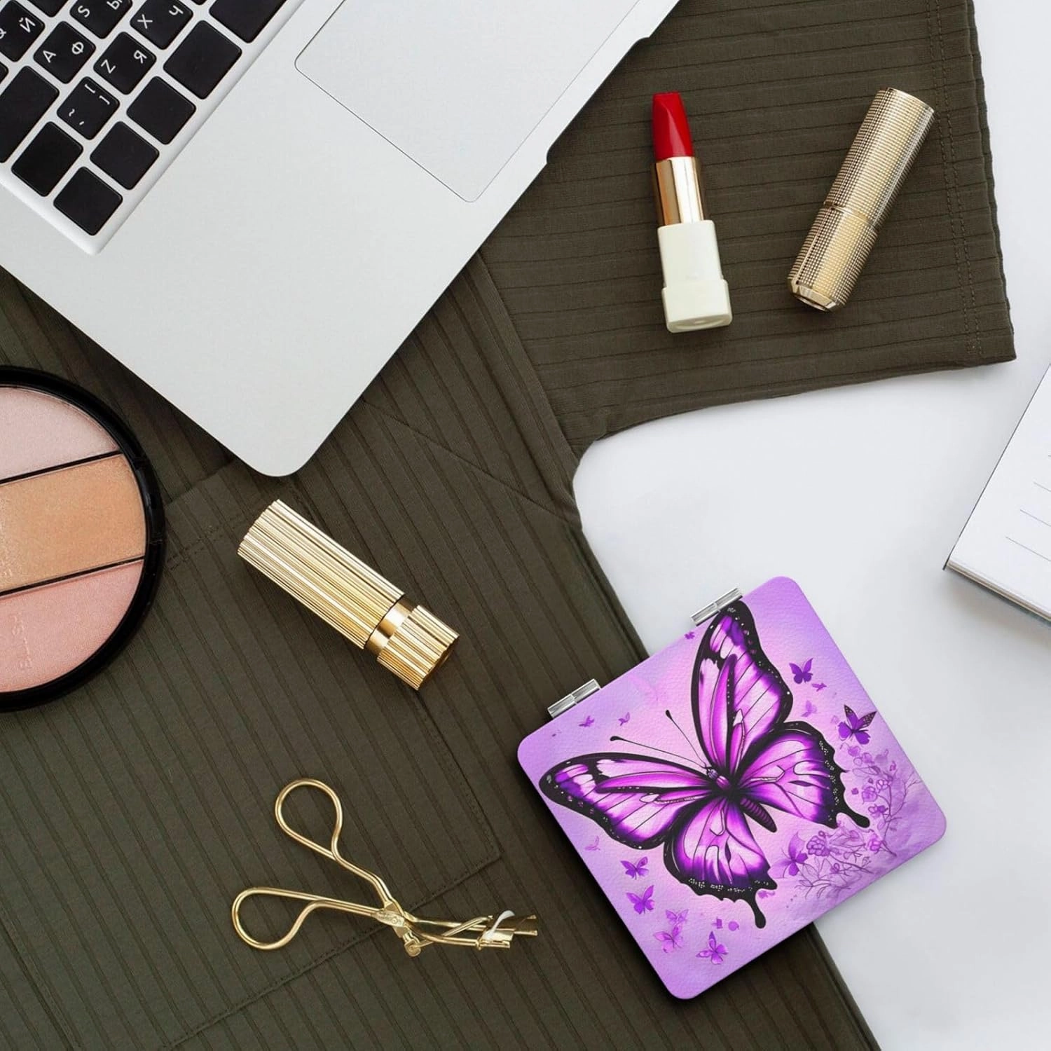 Portable Pocket Makeup Mirror Purple Butterfly Travel Cosmetic Mirror Square Print Magnifying Compact Mirror for Eyelash