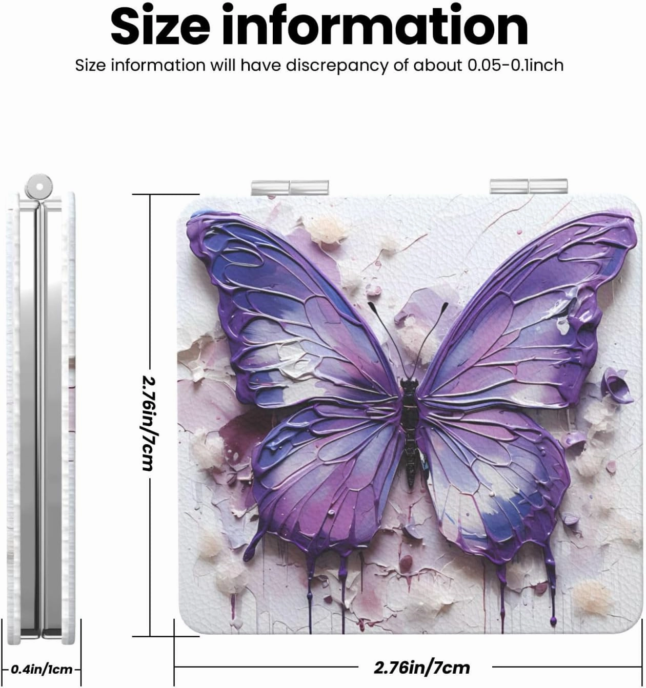 Portable Pocket Makeup Mirror Purple Oil Painting Butterfly Travel Cosmetic Mirror Square Print Magnifying Compact Mirror for Eyelash
