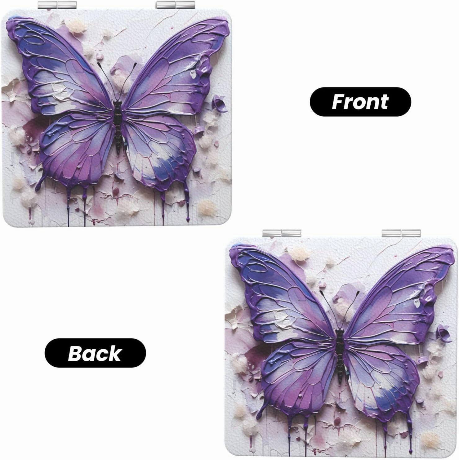 Portable Pocket Makeup Mirror Purple Oil Painting Butterfly Travel Cosmetic Mirror Square Print Magnifying Compact Mirror for Eyelash