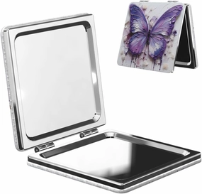 Portable Pocket Makeup Mirror Purple Oil Painting Butterfly Travel Cosmetic Mirror Square Print Magnifying Compact Mirror for Eyelash