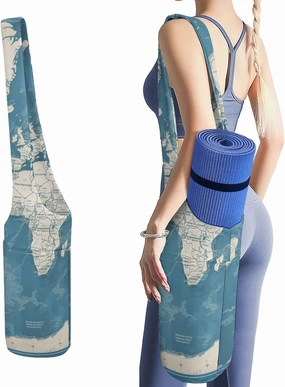 Portable Yoga Mat Bag Blue Map of The World Printed Gym Bag with Strap Yoga Mat Storage Bag Gym Tote Sports Bag for Pilates Travel Men Women