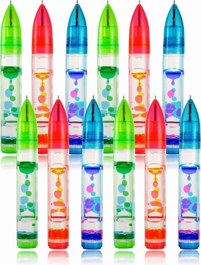 PowerTRC 12 Pack Liquid Motion Bubbler Pens Toy, Liquid Timer Pen with Retractable Ball Point Pen, Colorful Anxiety Stress Relief Calming Relaxing Writing Cool Fidget Toys for Kids & Adults