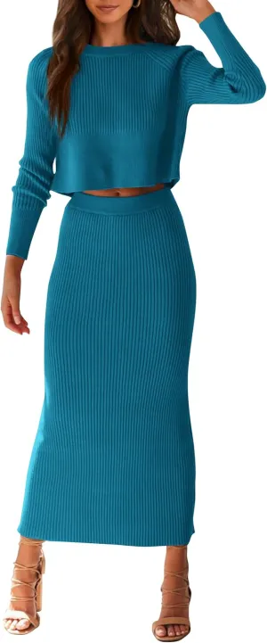 PRETTYGARDEN Women's Spring Fall 2 Piece Sweater Set Rib Knit Long Sleeve Crop Top Maxi Bodycon Skirt Casual Winter Outfits