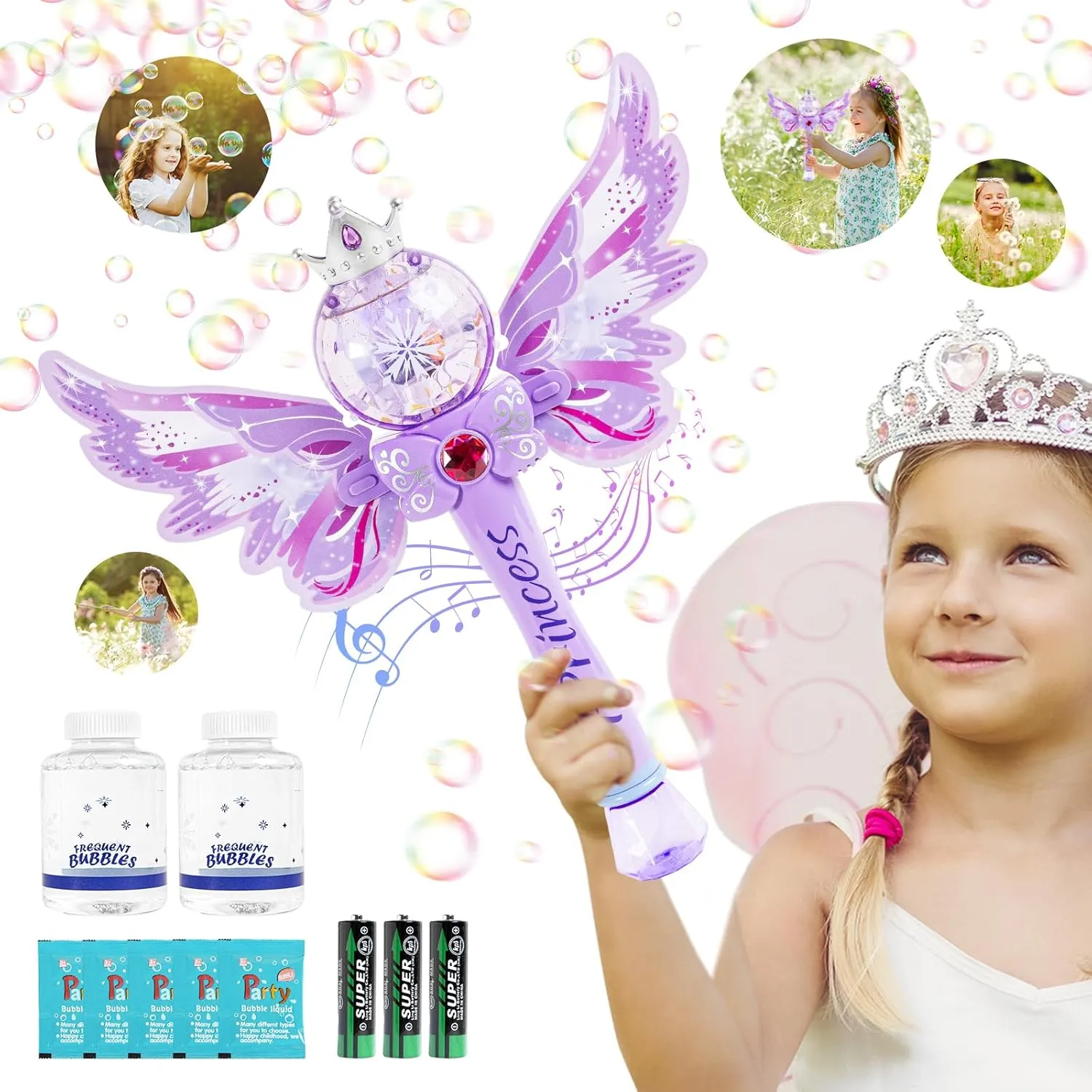 Princess Magic Bubble Wand Blower for Kids,Music & Light Up Automatic Bubble Machine Maker,Outdoor Bubble Toys for Girls,Party Easter Birthday Gift for Age 3 4 5 6 7 8 Years Old Girls Toddlers(Purple)
