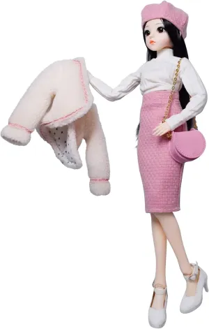 Proudoll 1/3 BJD Doll 60cm 24in SD Ball Jointed Dolls Fashion Girl Caroline Beret Wig Jacket Pink Pencil Skirt Long-Sleeve Shirt Crossbody Bag High Heels