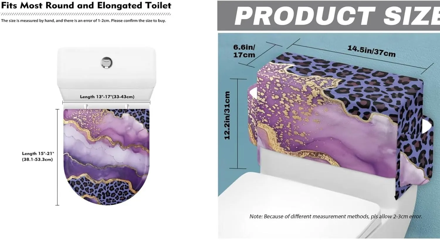 Purple Leopard Marble Toilet Cover Set Machine Washable Seat Covers Toilet Tank Cover with Storage Bag Fits Most Round, Elongated and Oblong Lids 21"x17" Home Dec