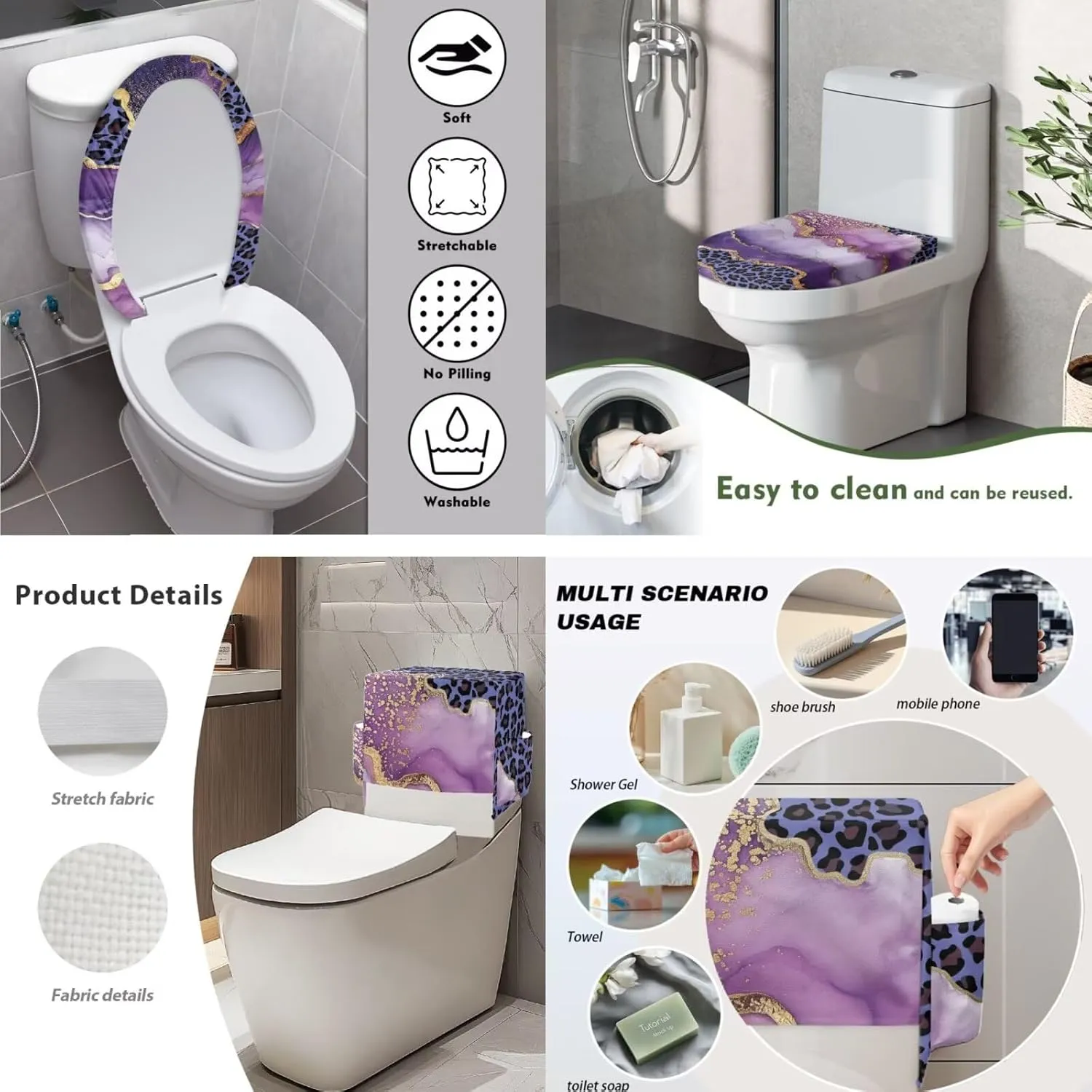 Purple Leopard Marble Toilet Cover Set Machine Washable Seat Covers Toilet Tank Cover with Storage Bag Fits Most Round, Elongated and Oblong Lids 21"x17" Home Dec