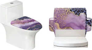 Purple Leopard Marble Toilet Cover Set Machine Washable Seat Covers Toilet Tank Cover with Storage Bag Fits Most Round, Elongated and Oblong Lids 21"x17" Home Dec