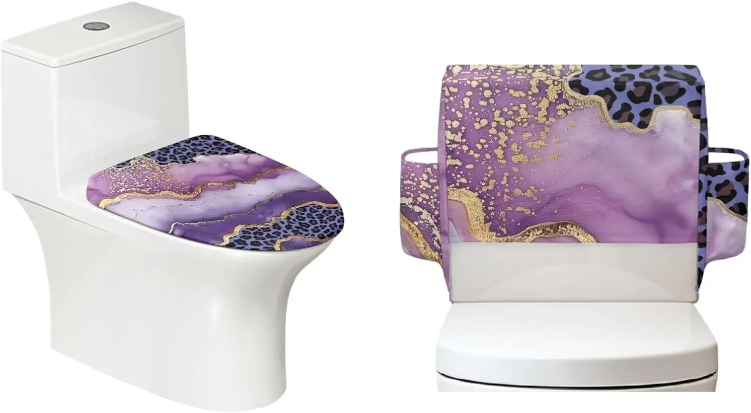 Purple Leopard Marble Toilet Cover Set Machine Washable Seat Covers Toilet Tank Cover with Storage Bag Fits Most Round, Elongated and Oblong Lids 21"x17" Home Dec