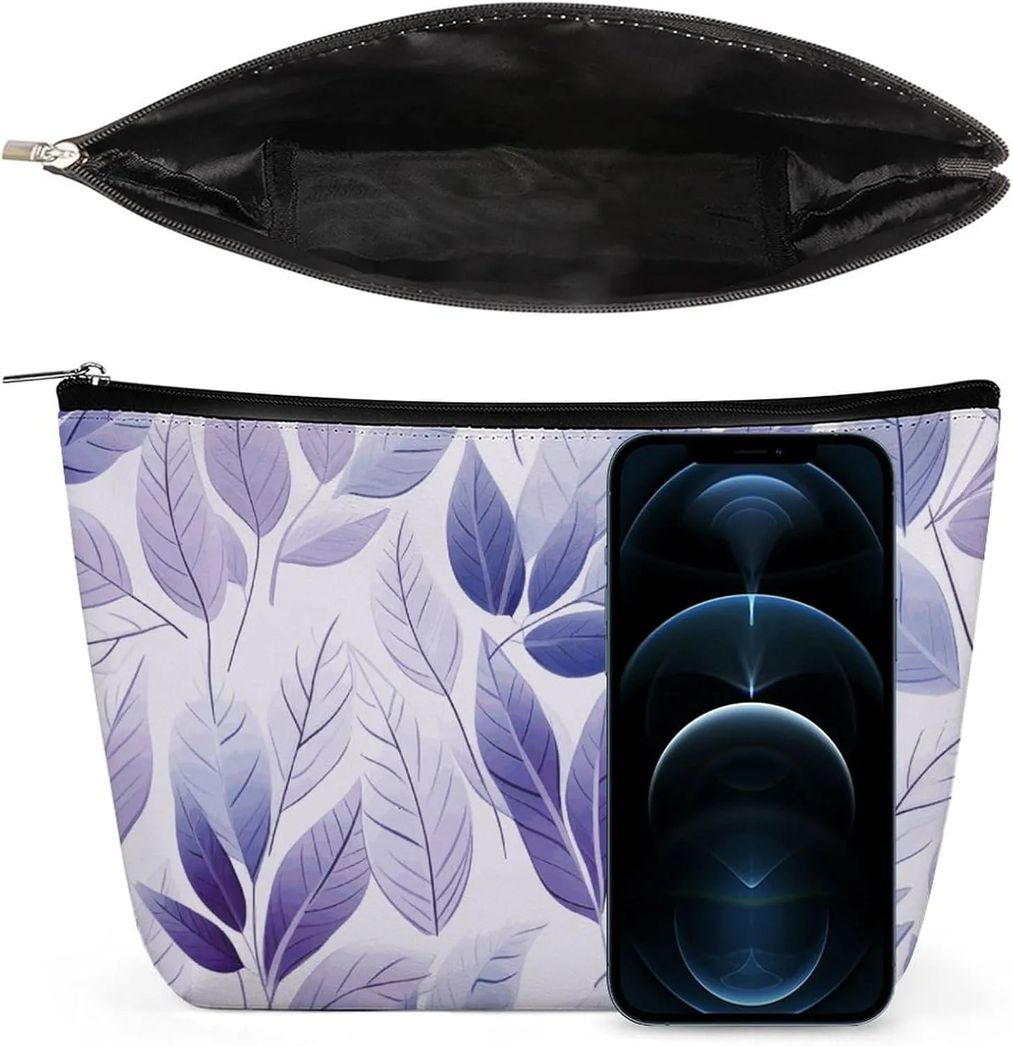 Purple Makeup Bag For Women-Cosmetic Bags Aesthetic Design Ladies Textured Leaves Tote Bag for Women,Travel Toiletry Bag with Zipper