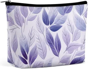Purple Makeup Bag For Women-Cosmetic Bags Aesthetic Design Ladies Textured Leaves Tote Bag for Women,Travel Toiletry Bag with Zipper