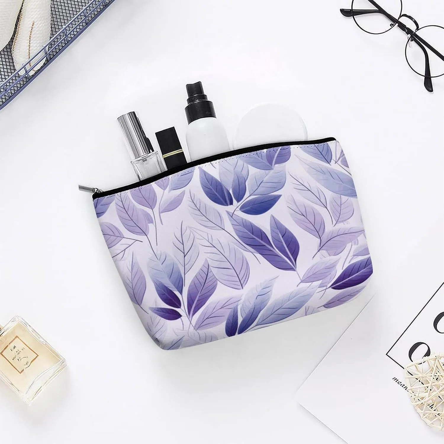 Purple Makeup Bag For Women-Cosmetic Bags Aesthetic Design Ladies Textured Leaves Tote Bag for Women,Travel Toiletry Bag with Zipper